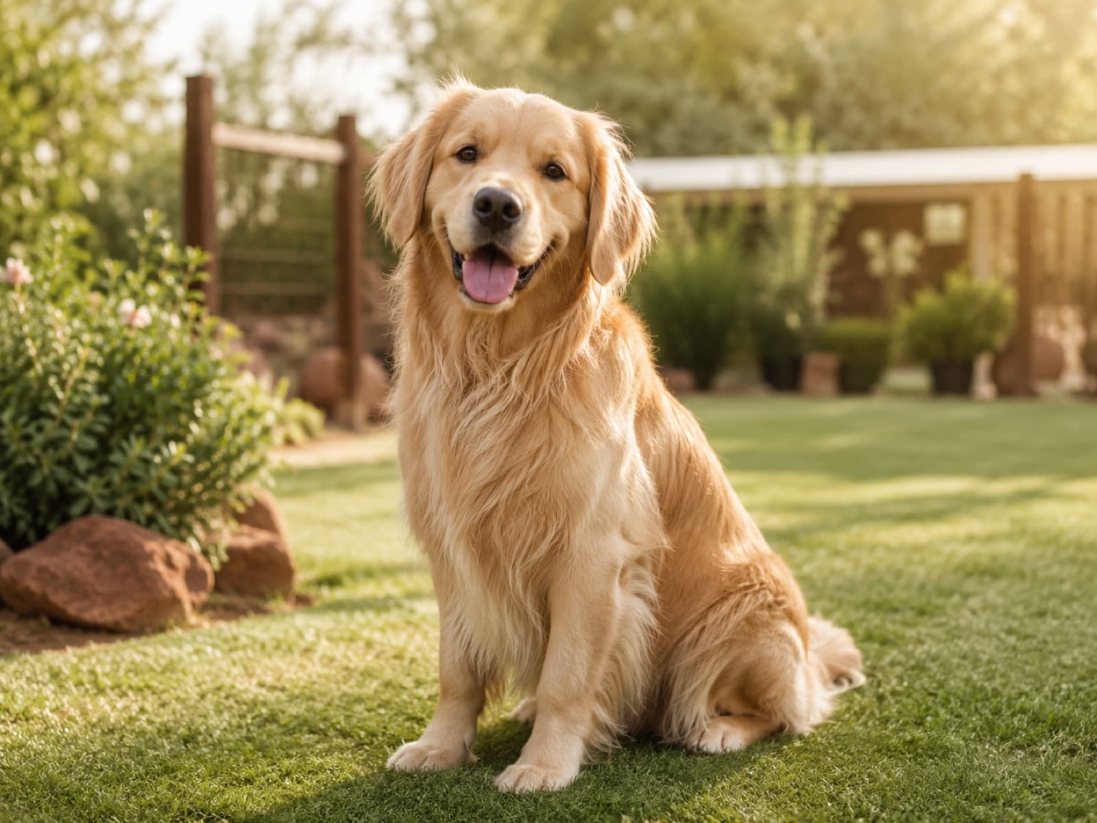 Chien heureux dans un jardin de pension